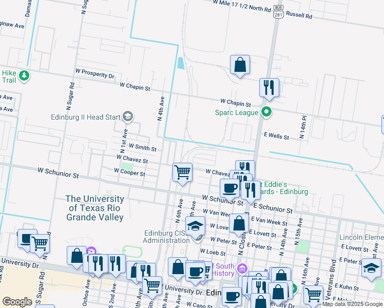 map of restaurants, bars, coffee shops, grocery stores, and more near 531 North Lotto Lane in Edinburg