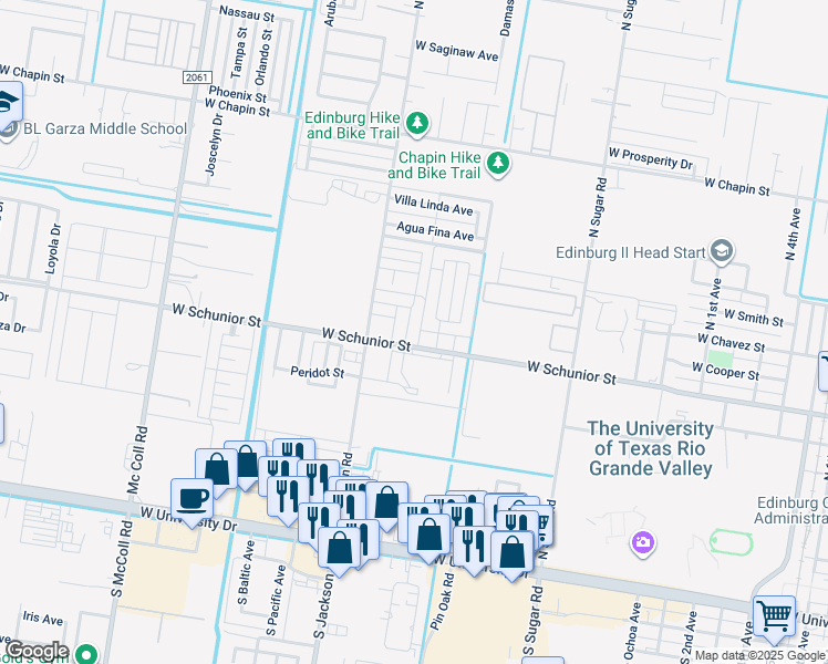 map of restaurants, bars, coffee shops, grocery stores, and more near 805 Russian Avenue in Edinburg