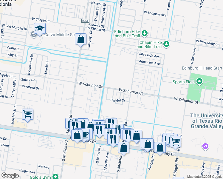 map of restaurants, bars, coffee shops, grocery stores, and more near 703 Jasper Street in Edinburg