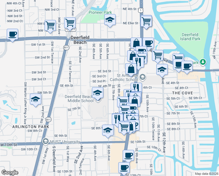 map of restaurants, bars, coffee shops, grocery stores, and more near 500 Southeast 6th Avenue in Deerfield Beach