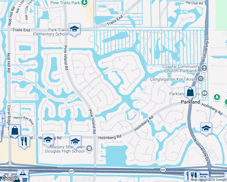 map of restaurants, bars, coffee shops, grocery stores, and more near 6598 Northwest 103rd Lane in Parkland