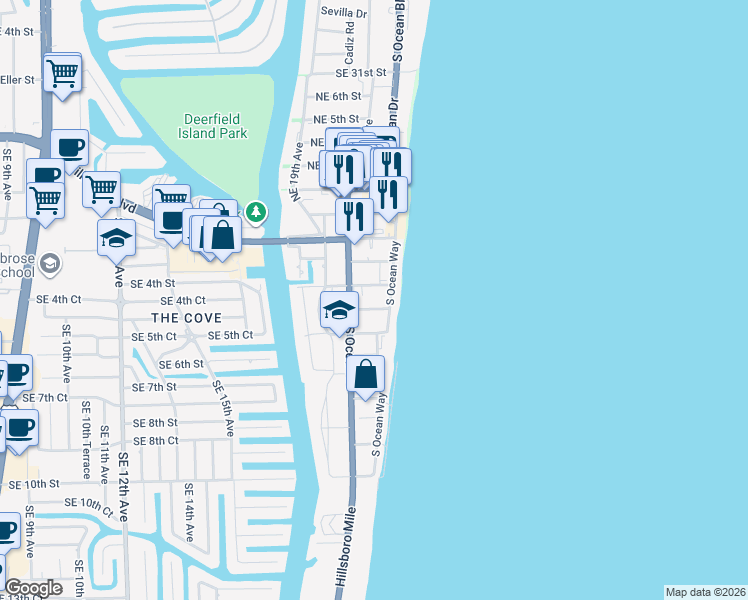 map of restaurants, bars, coffee shops, grocery stores, and more near 2051 Southeast 3rd Street in Deerfield Beach