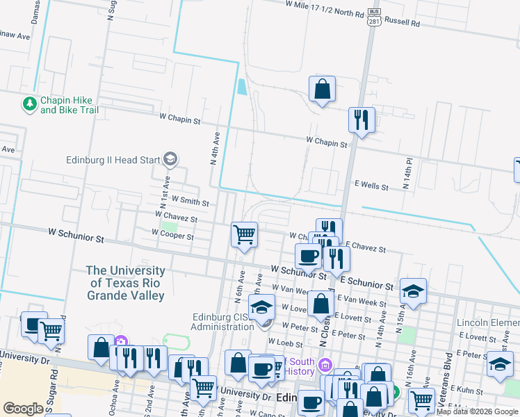 map of restaurants, bars, coffee shops, grocery stores, and more near 531 North Lotto Lane in Edinburg