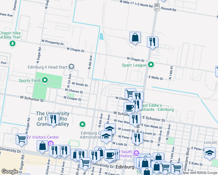 map of restaurants, bars, coffee shops, grocery stores, and more near 515 North Lotto Lane in Edinburg