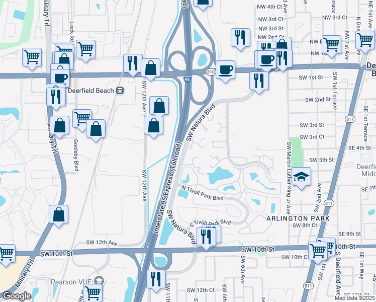 map of restaurants, bars, coffee shops, grocery stores, and more near 600 Southwest Natura Boulevard in Deerfield Beach
