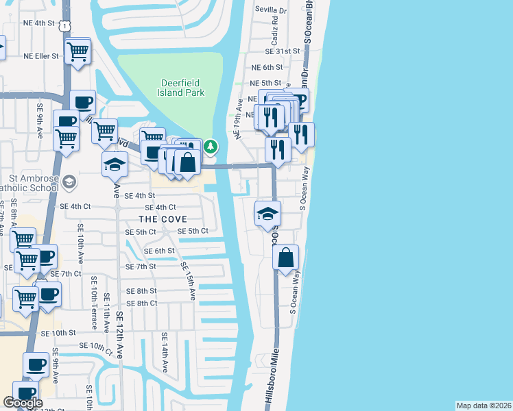 map of restaurants, bars, coffee shops, grocery stores, and more near 332 Southeast 18th Avenue in Deerfield Beach
