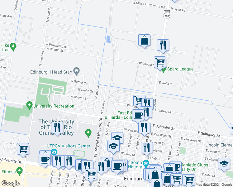 map of restaurants, bars, coffee shops, grocery stores, and more near 523 North Lotto Lane in Edinburg