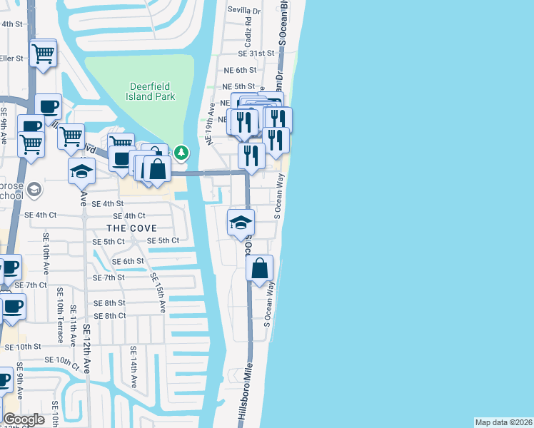 map of restaurants, bars, coffee shops, grocery stores, and more near 332 Northeast 21st Avenue in Deerfield Beach