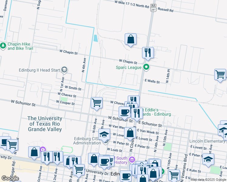 map of restaurants, bars, coffee shops, grocery stores, and more near 407 West Pirul Street in Edinburg
