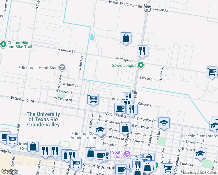 map of restaurants, bars, coffee shops, grocery stores, and more near 407 West Pirul Street in Edinburg