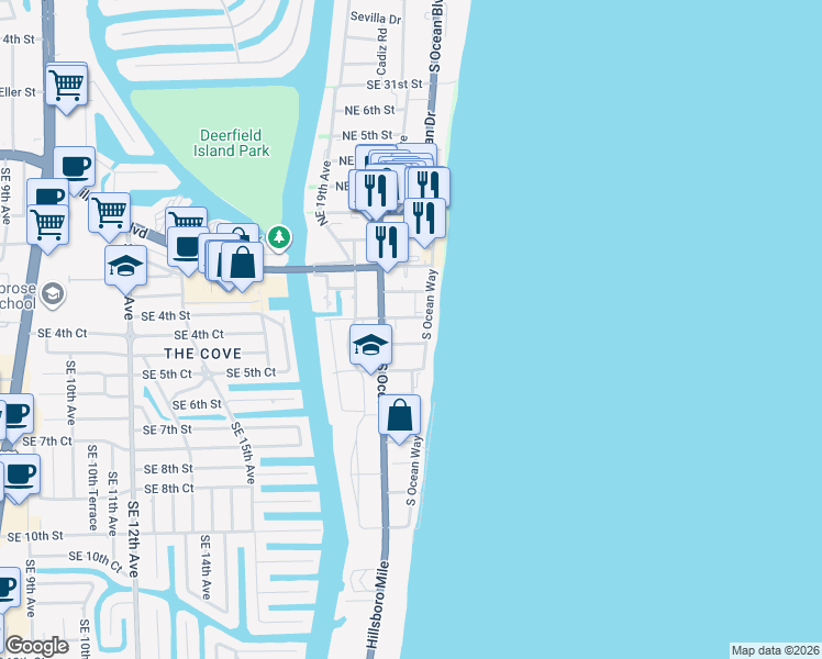 map of restaurants, bars, coffee shops, grocery stores, and more near 149 Northeast 21st Avenue in Deerfield Beach