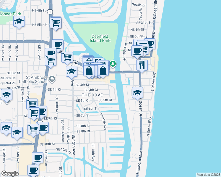 map of restaurants, bars, coffee shops, grocery stores, and more near 410 Southeast 17th Terrace in Deerfield Beach