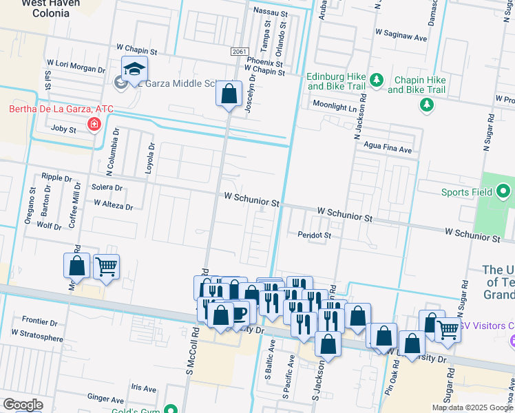 map of restaurants, bars, coffee shops, grocery stores, and more near 2603 West Schunior Street in Edinburg