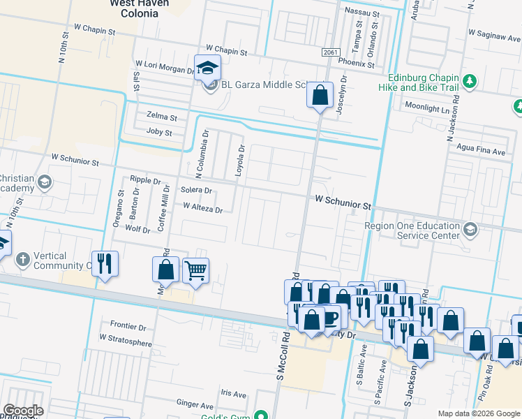 map of restaurants, bars, coffee shops, grocery stores, and more near 3524 West Schunior Street in Edinburg