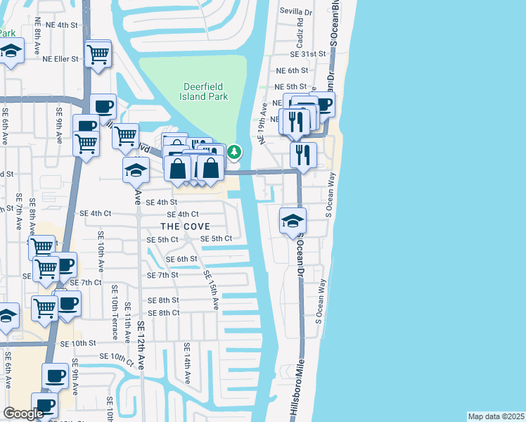 map of restaurants, bars, coffee shops, grocery stores, and more near 165 Southeast 18th Avenue in Deerfield Beach