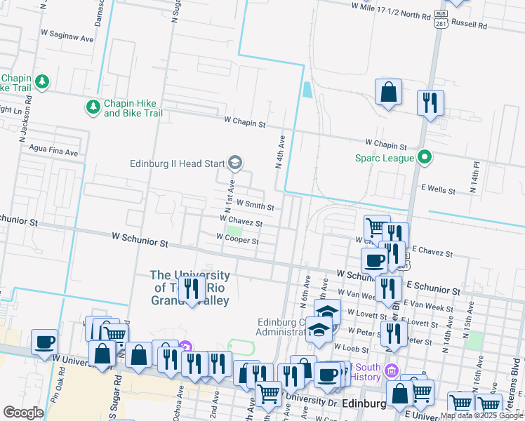 map of restaurants, bars, coffee shops, grocery stores, and more near 902 West Smith Street in Edinburg