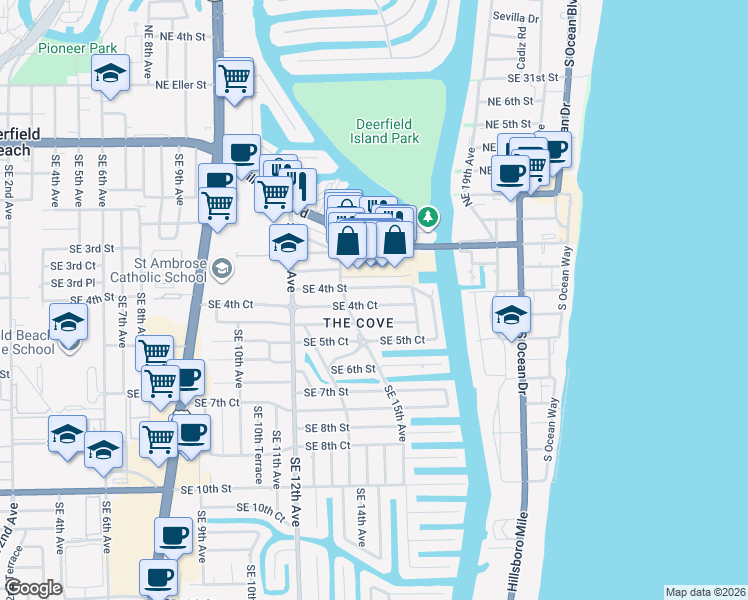 map of restaurants, bars, coffee shops, grocery stores, and more near 1633 Southeast 4th Street in Deerfield Beach