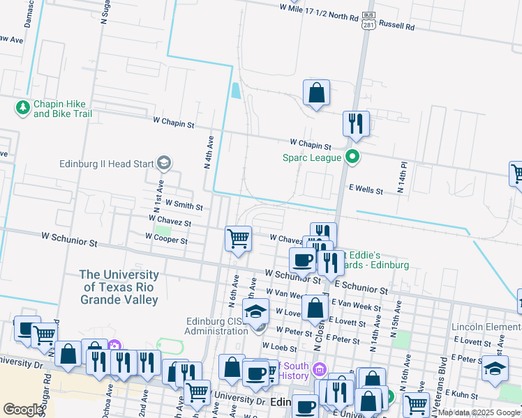 map of restaurants, bars, coffee shops, grocery stores, and more near 515 North Lotto Lane in Edinburg