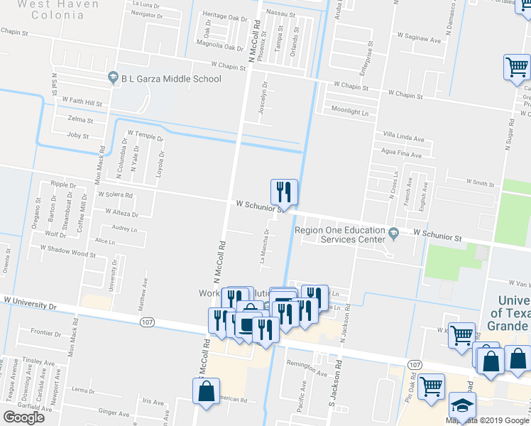 map of restaurants, bars, coffee shops, grocery stores, and more near 2717 West Schunior Street in Edinburg