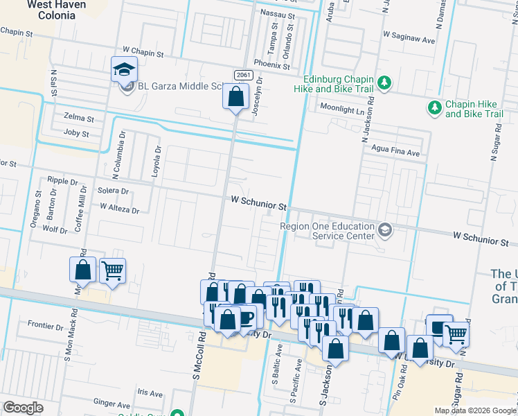 map of restaurants, bars, coffee shops, grocery stores, and more near 2717 West Schunior Street in Edinburg