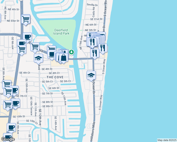 map of restaurants, bars, coffee shops, grocery stores, and more near 175 Southeast 19th Avenue in Deerfield Beach