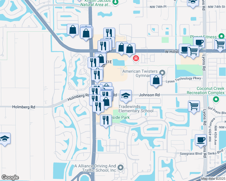 map of restaurants, bars, coffee shops, grocery stores, and more near 5461 Johnson Road in Coconut Creek