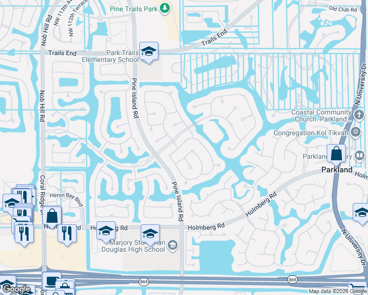 map of restaurants, bars, coffee shops, grocery stores, and more near 10491 Northwest 66th Street in Parkland