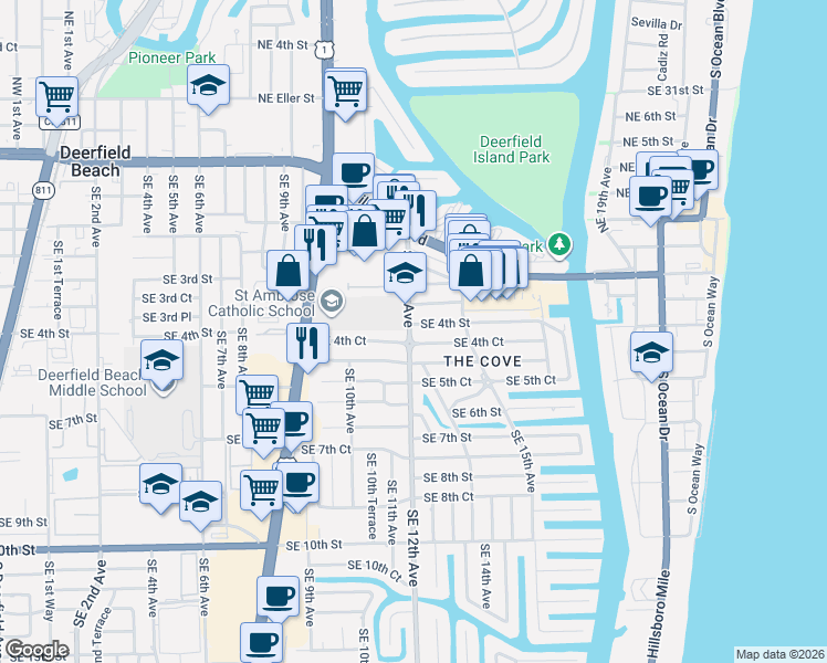 map of restaurants, bars, coffee shops, grocery stores, and more near 363 Southeast 12th Avenue in Deerfield Beach