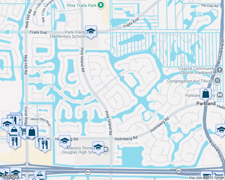 map of restaurants, bars, coffee shops, grocery stores, and more near 10506 Northwest 66th Street in Parkland