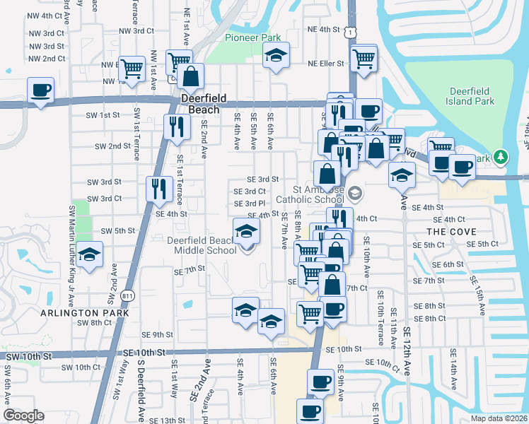 map of restaurants, bars, coffee shops, grocery stores, and more near 320 Southeast 6th Avenue in Deerfield Beach