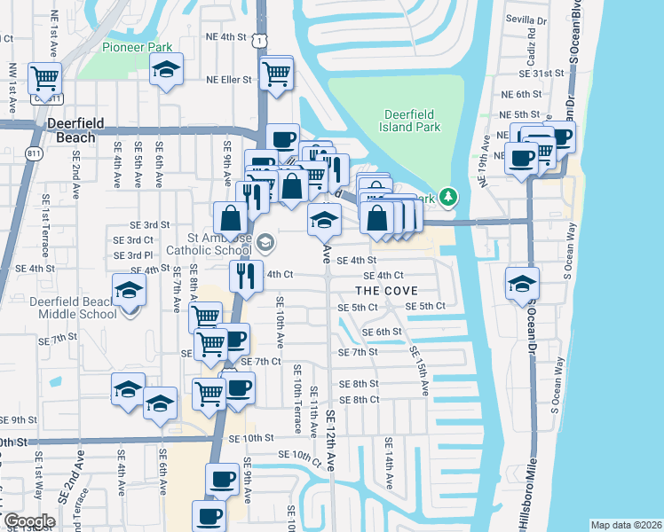 map of restaurants, bars, coffee shops, grocery stores, and more near 363 Southeast 12th Avenue in Deerfield Beach