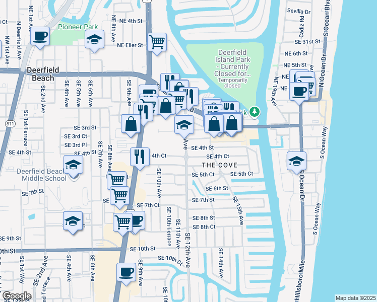 map of restaurants, bars, coffee shops, grocery stores, and more near 363 Southeast 12th Avenue in Deerfield Beach