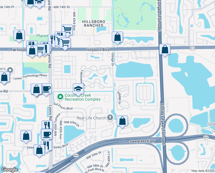 map of restaurants, bars, coffee shops, grocery stores, and more near 5 Lakeview Drive in Coconut Creek