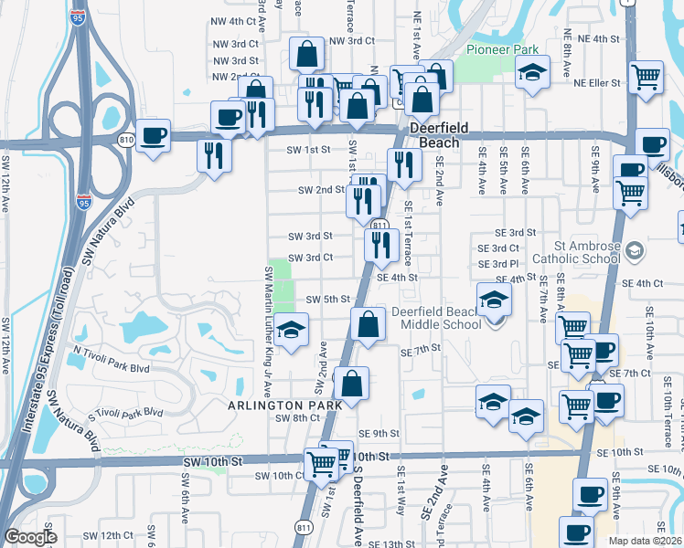 map of restaurants, bars, coffee shops, grocery stores, and more near 167 Southwest 4th Street in Deerfield Beach
