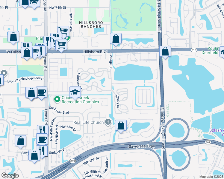 map of restaurants, bars, coffee shops, grocery stores, and more near 3878 Northwest 67th Street in Coconut Creek