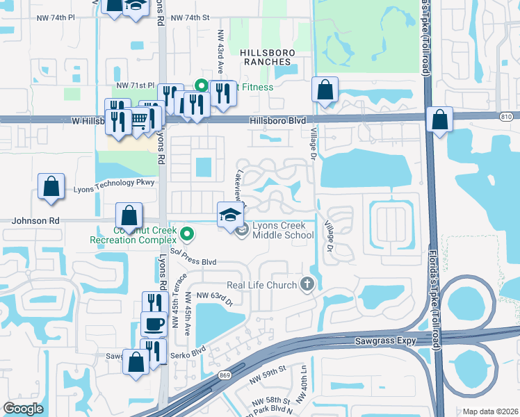 map of restaurants, bars, coffee shops, grocery stores, and more near 53 Crescent Lane in Coconut Creek