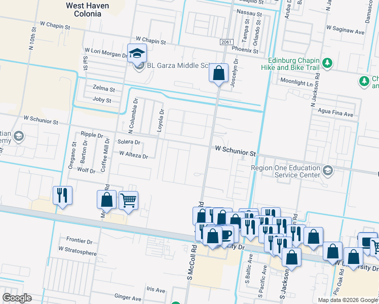 map of restaurants, bars, coffee shops, grocery stores, and more near West Schunior Street in Edinburg
