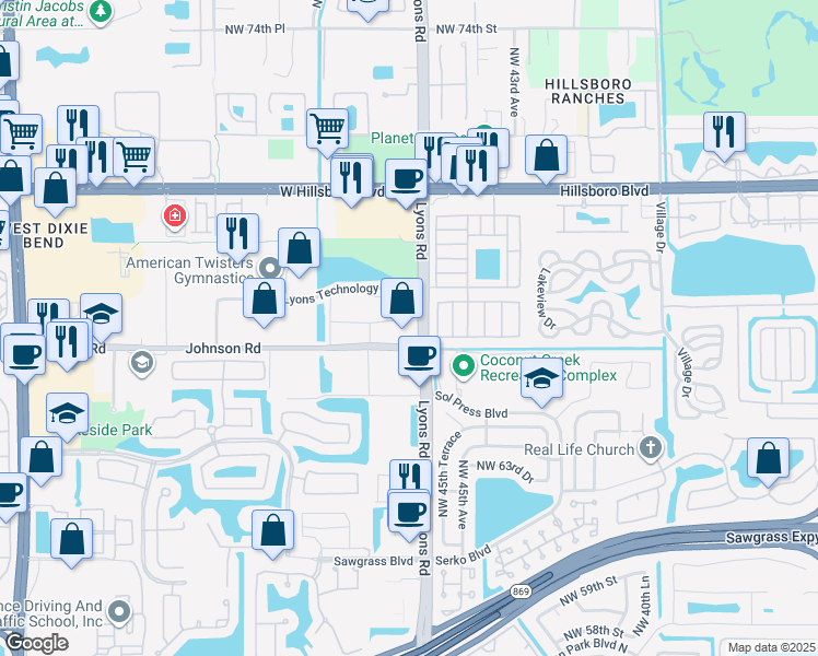 map of restaurants, bars, coffee shops, grocery stores, and more near in Coconut Creek