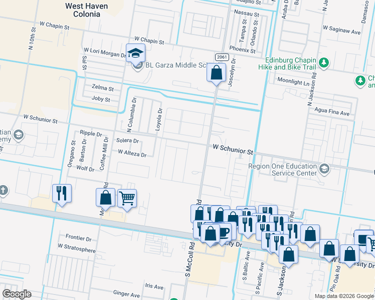map of restaurants, bars, coffee shops, grocery stores, and more near West Schunior Street in Edinburg