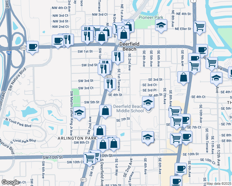 map of restaurants, bars, coffee shops, grocery stores, and more near 140 Southeast 3rd Court in Deerfield Beach