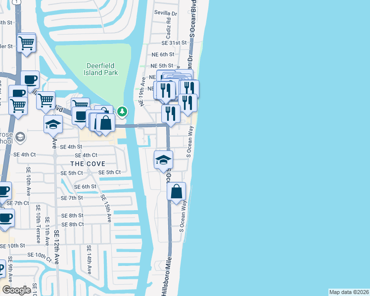 map of restaurants, bars, coffee shops, grocery stores, and more near 149 Northeast 21st Avenue in Deerfield Beach