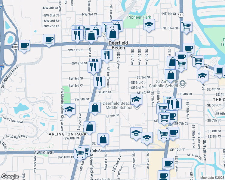 map of restaurants, bars, coffee shops, grocery stores, and more near 375 Southeast 2nd Avenue in Deerfield Beach