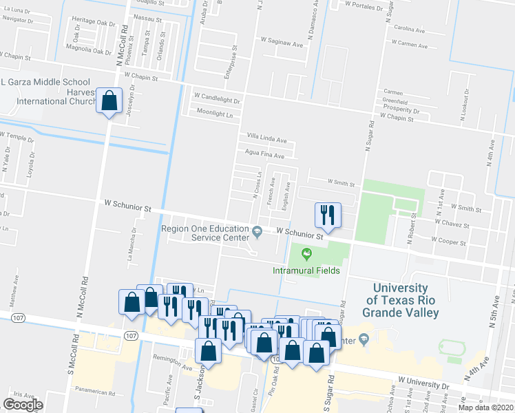 map of restaurants, bars, coffee shops, grocery stores, and more near 919 French Avenue in Edinburg