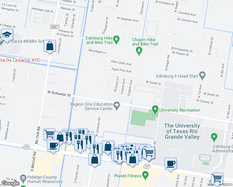 map of restaurants, bars, coffee shops, grocery stores, and more near 820 North Cross Lane in Edinburg