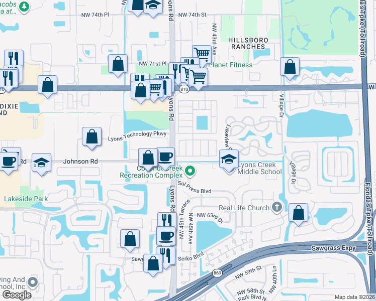 map of restaurants, bars, coffee shops, grocery stores, and more near 6741 Northwest 45th Way in Coconut Creek