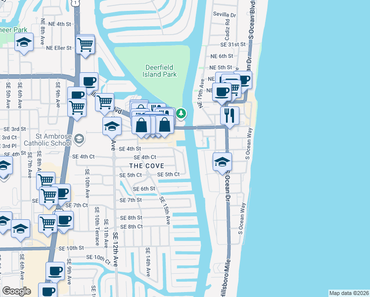 map of restaurants, bars, coffee shops, grocery stores, and more near 410 Southeast 17th Terrace in Deerfield Beach