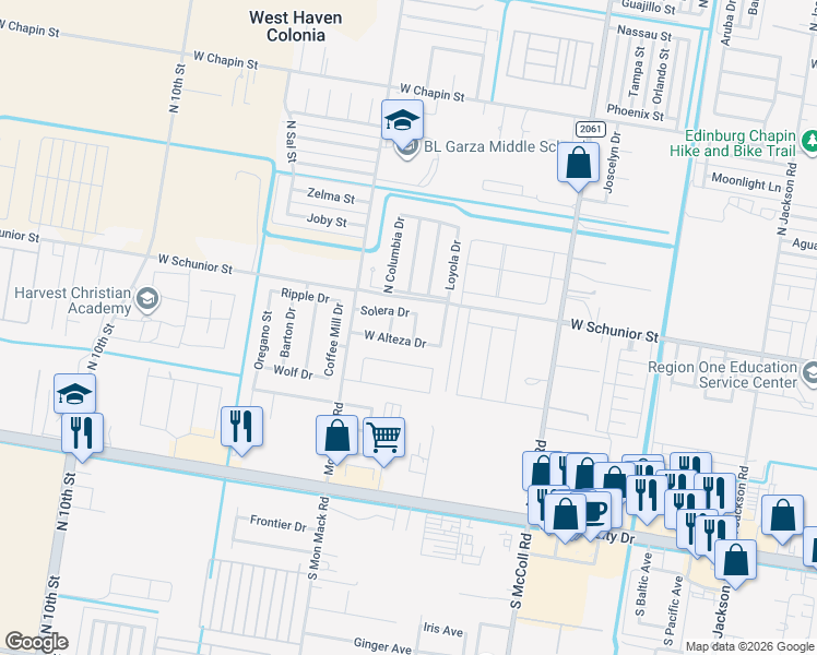 map of restaurants, bars, coffee shops, grocery stores, and more near 615 North Santa Anna Road in Edinburg