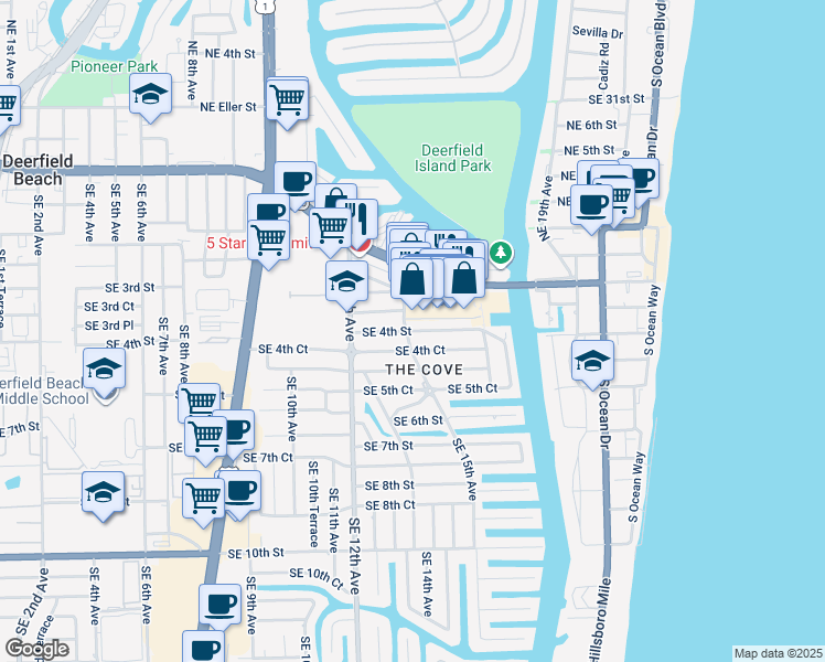map of restaurants, bars, coffee shops, grocery stores, and more near 1533 Southeast 4th Street in Deerfield Beach