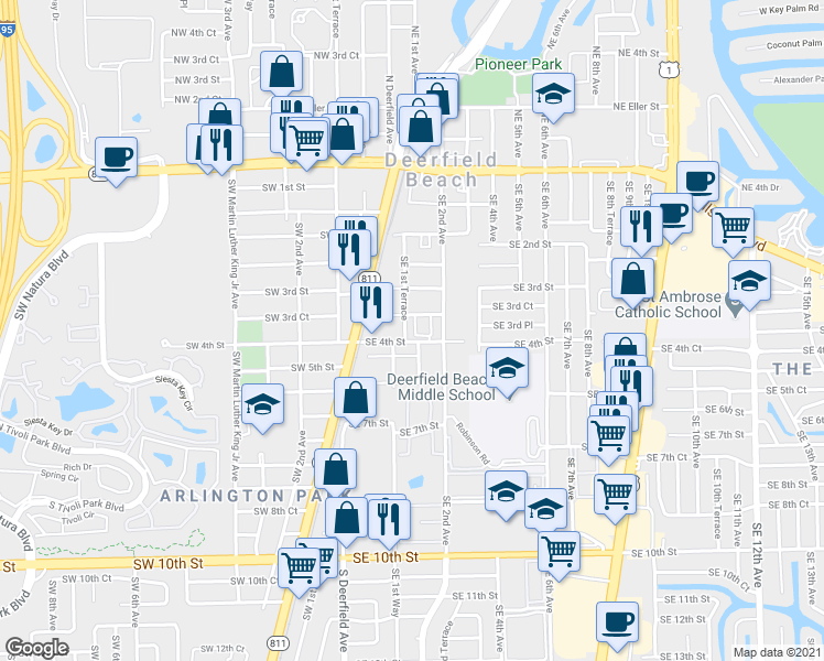 map of restaurants, bars, coffee shops, grocery stores, and more near 140 Southeast 3rd Court in Deerfield Beach