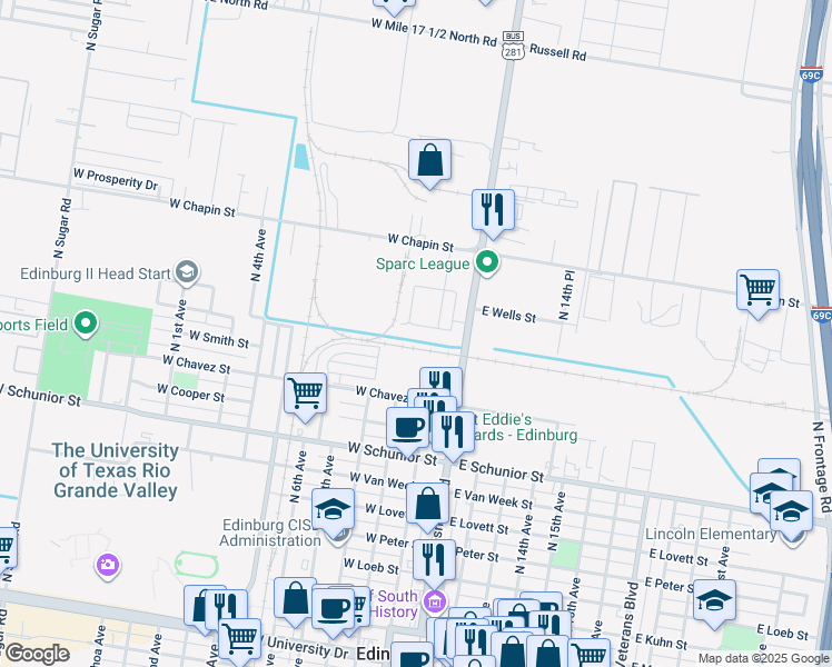 map of restaurants, bars, coffee shops, grocery stores, and more near 220 Teak Drive in Edinburg